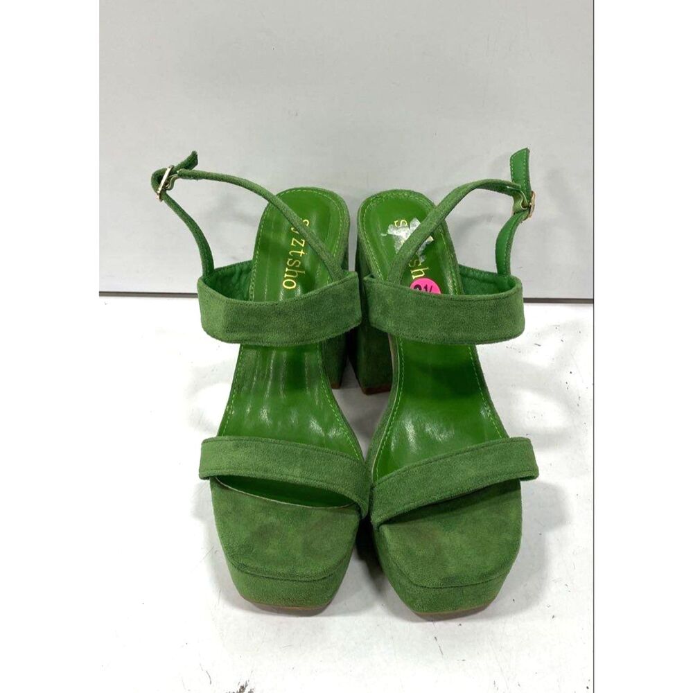 Syztsho Womens Green Suede Buckle Ankle Strap Platform Heel Size Eu 38 (7.5)